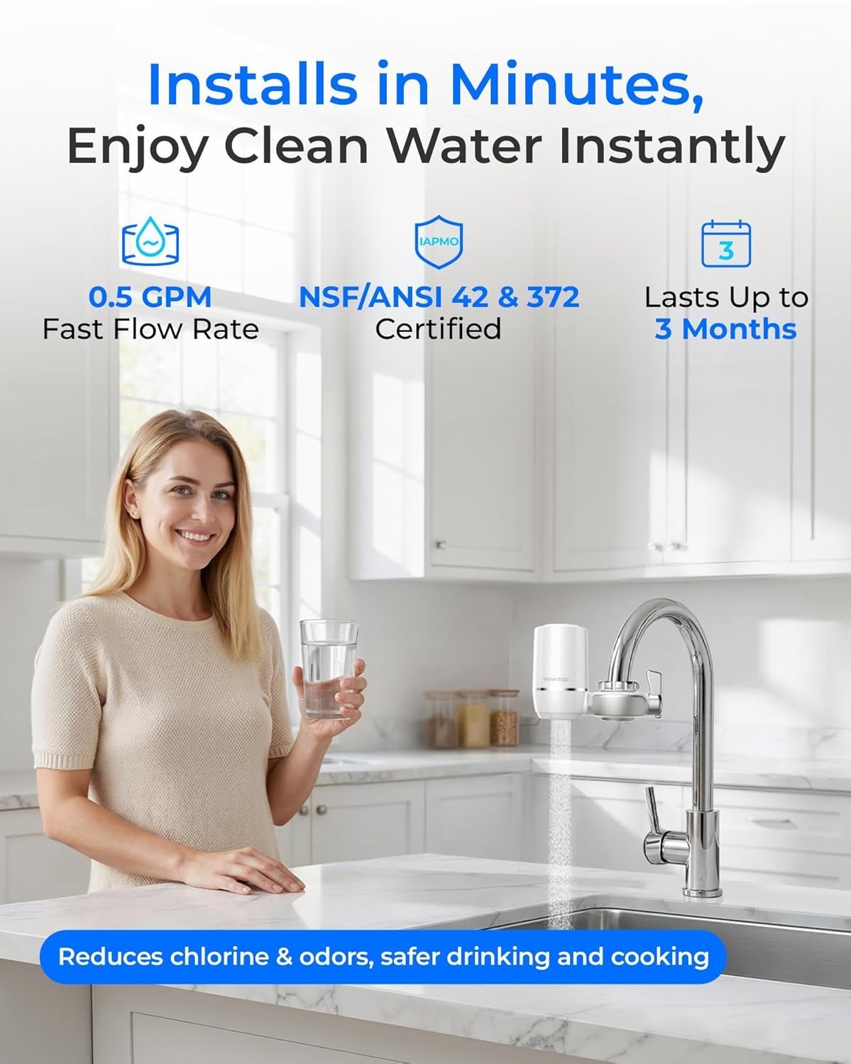 Water Filter for Kitchen Sink NSF Certified Reduces Chlorine Lead Free Material