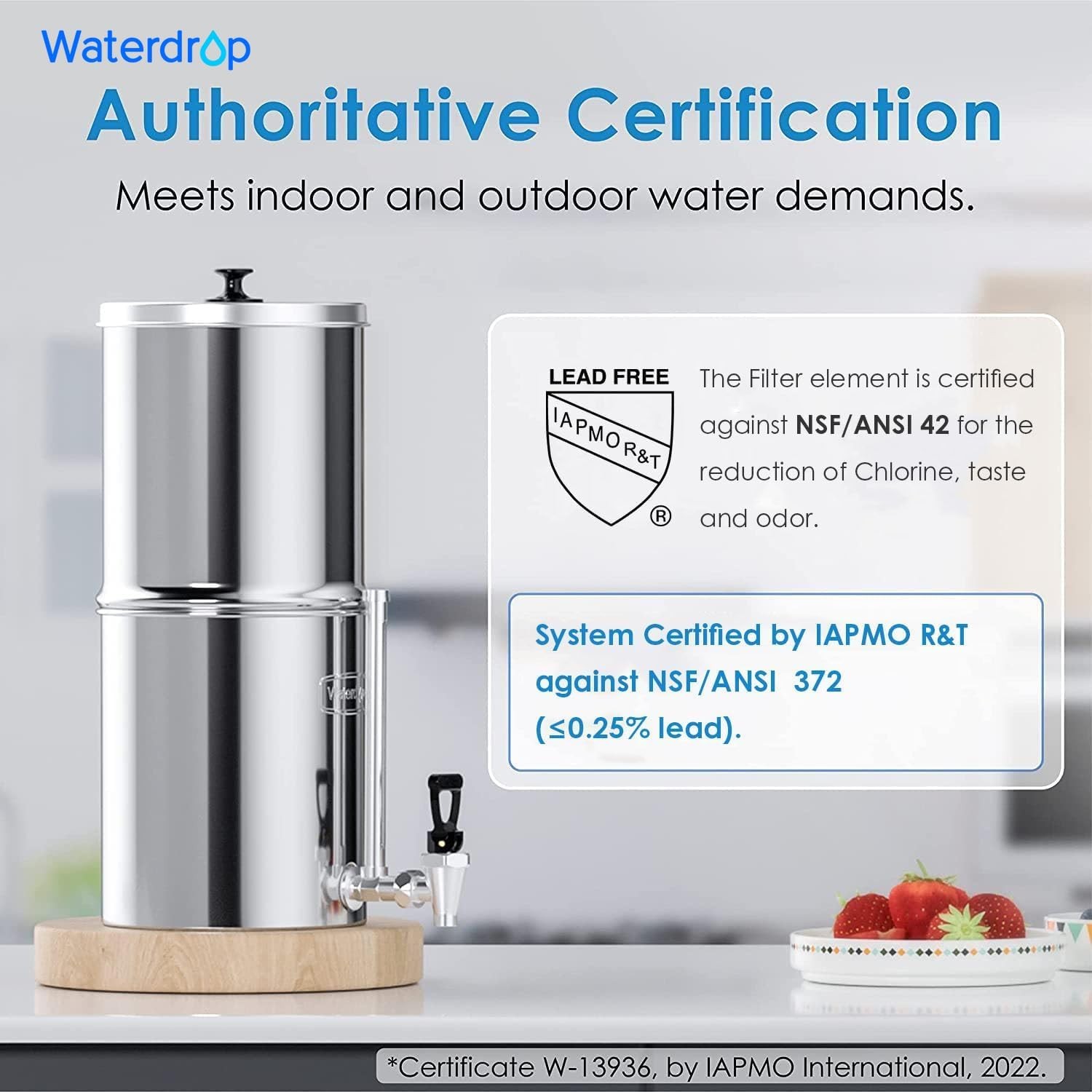 Waterdrop Gravity-fed Water Filter System, with 4 Filters, 2.25G Stainless-Steel