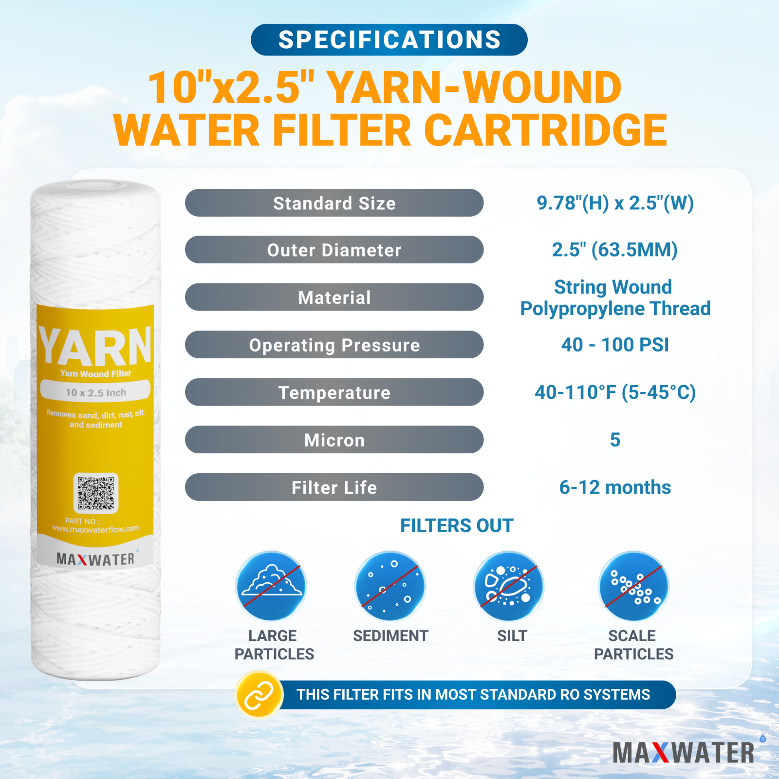 String Wound Sediment Water Filter Cartridge Standard 2.5×10″ 5 Micron 25 Pack