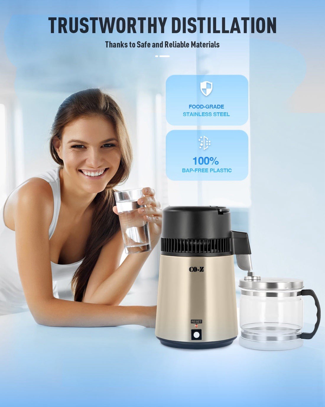 CO-Z 1.1 Gal Water Distiller 750W Glass & Stainless Steel Purifier Gold
