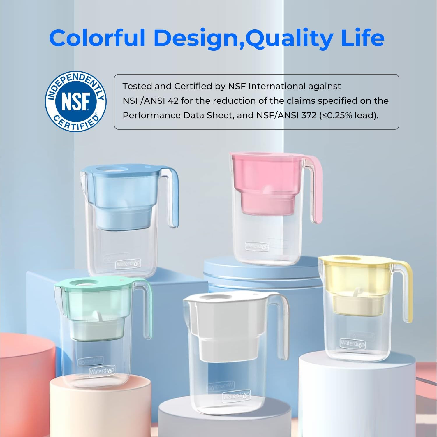 Water Filter Pitcher with 1 Filter, 5X Times Lifetime, Lasts 200 Gallons, for Fr