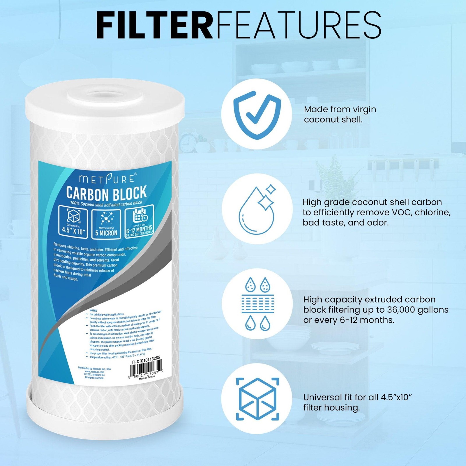 1 to 12 Pack 10” x 4.5” Whole House Carbon Block Water Filter Replacement 5 Mic