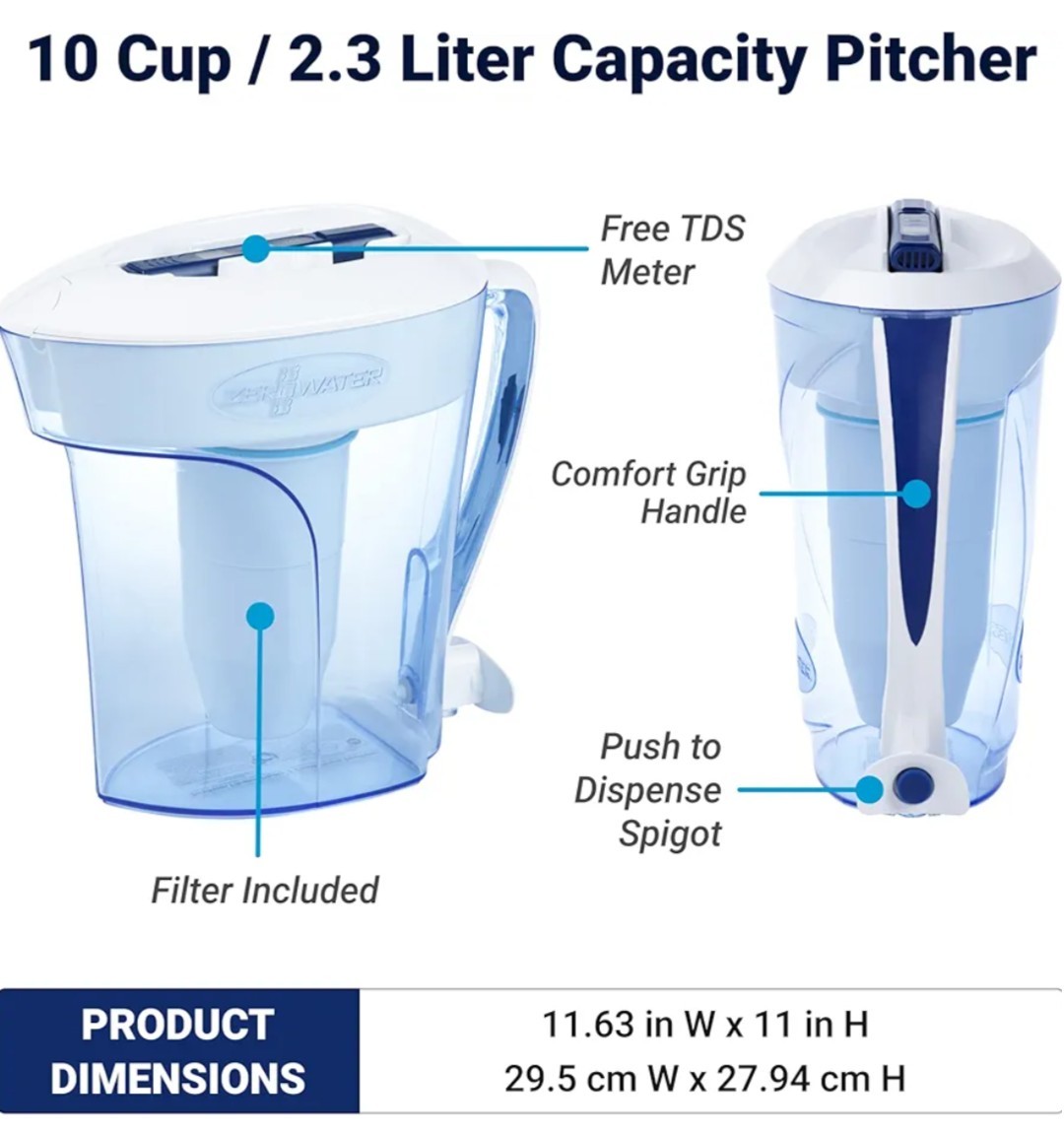 ZERO Water Filtration Pitcher w/ TDS Tester, Clear Blue White, Handle, Pour