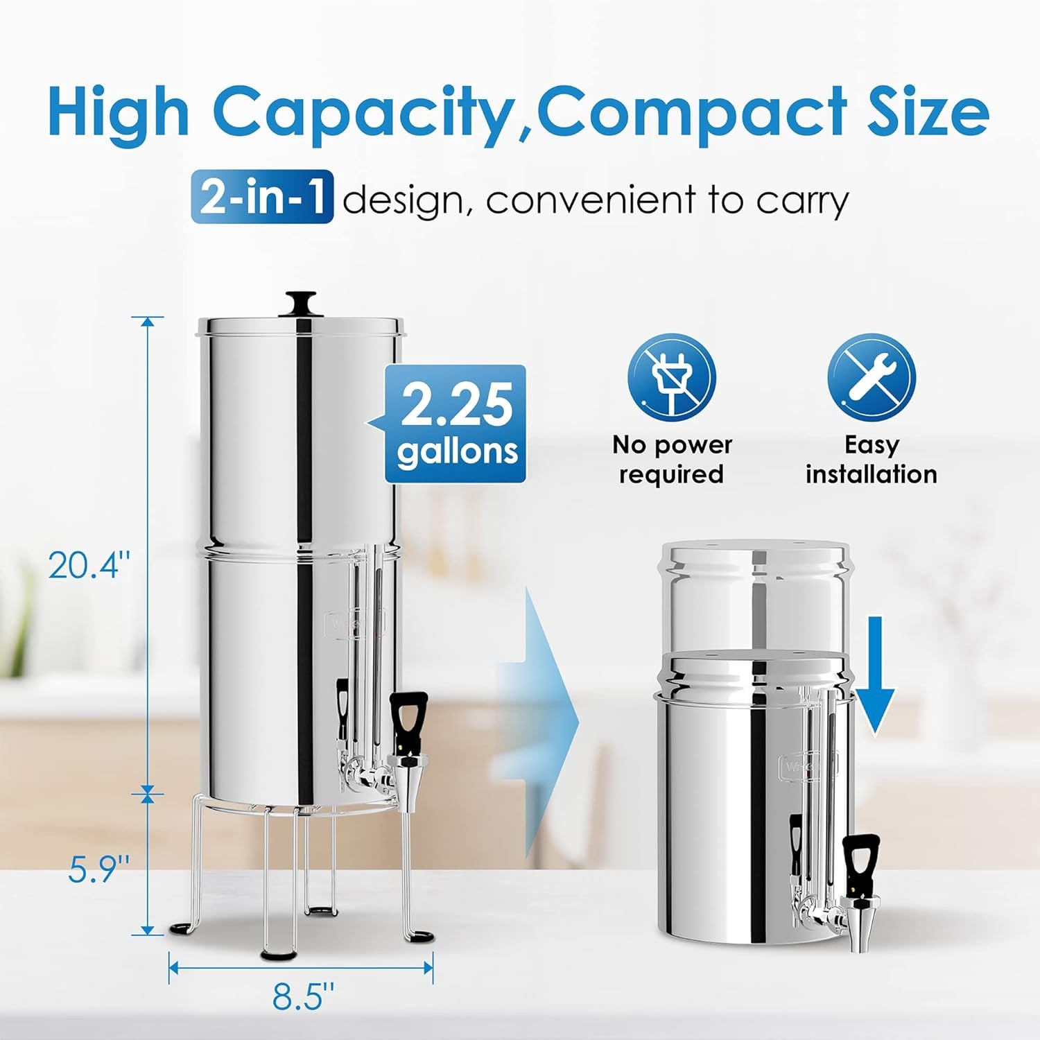 Waterdrop WD-TK-FS Gravity-fed Water Filter System, 2.25-gallon Stainless-steel