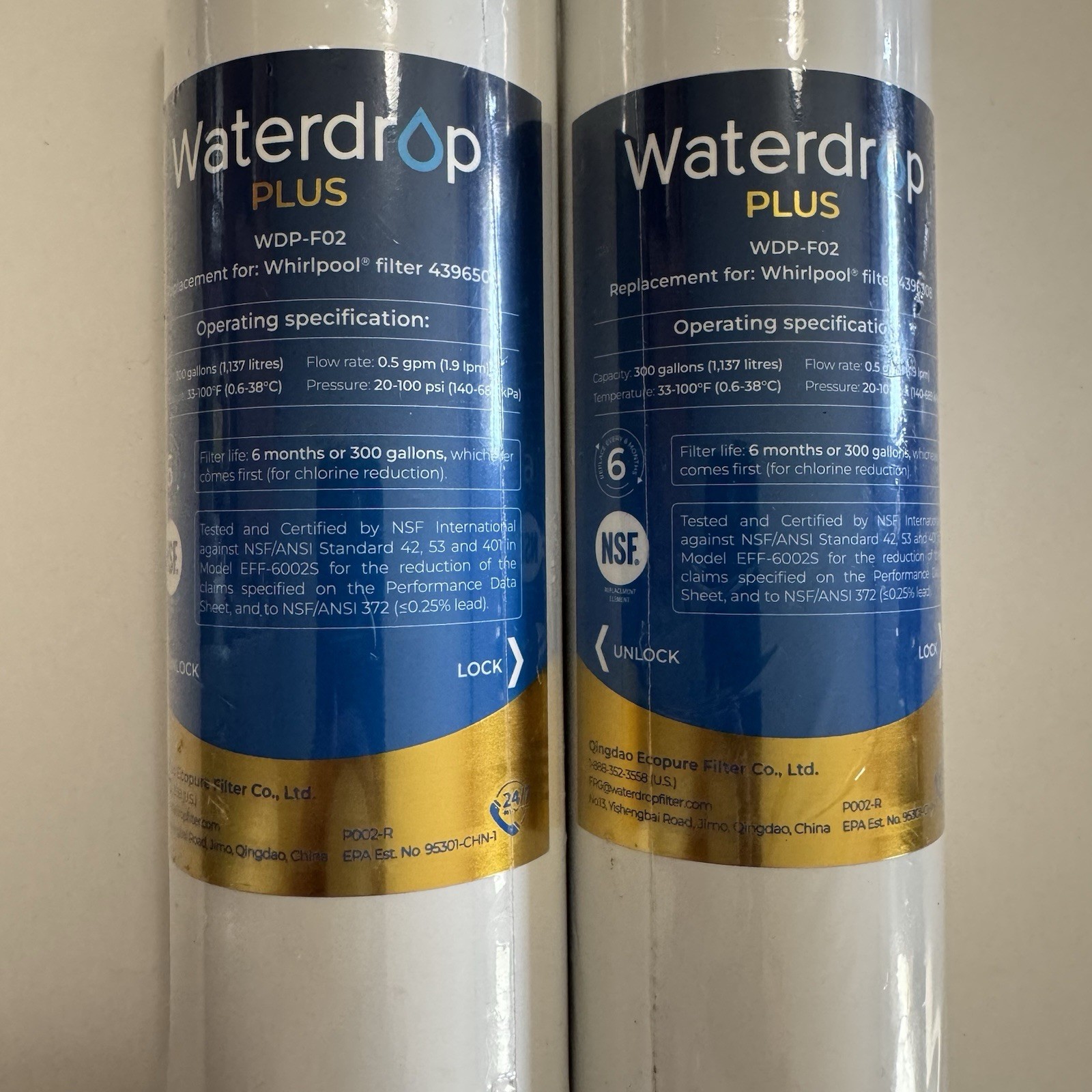 Waterdrop Plus WDP-F25 Water Filter Replacement 300 Gallons 2 Pack New E45