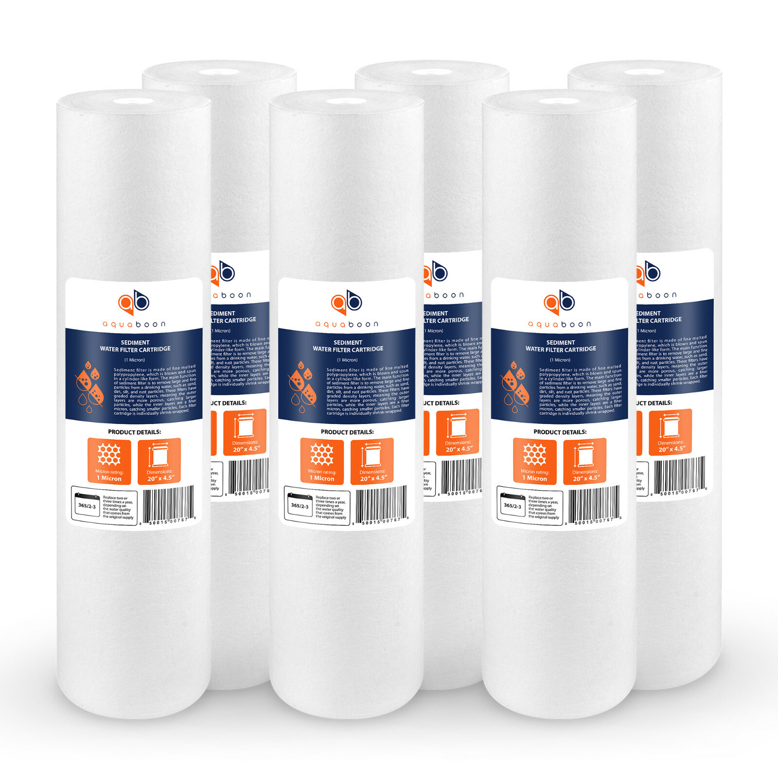 6PK of Big Blue 1 Micron 20″ x 4.5″ Sediment Water Filter Cartridge by Aquaboon