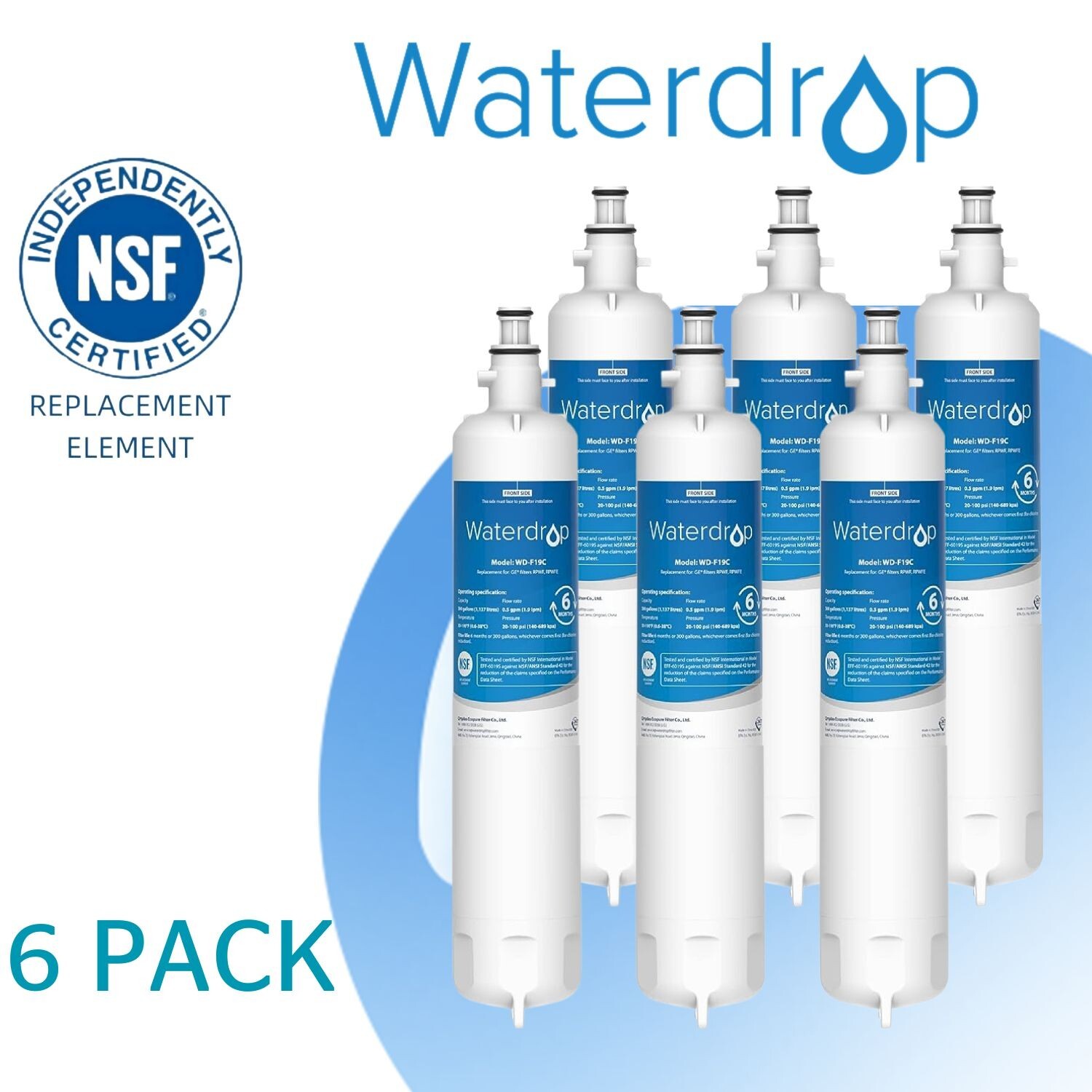 Waterdrop Refrigerator Water Filter, Replacement for GE® RPWFE (With Chip), 6