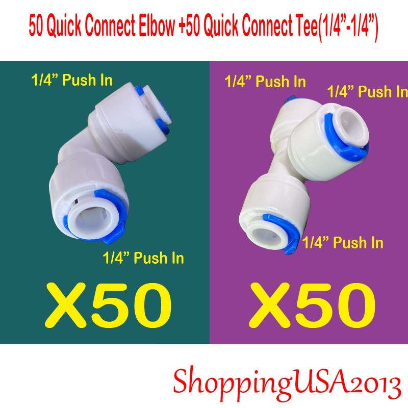 50PCS Quick Connect Elbow +50 Quick Connect Tee Fittings 1/4″-1/4″ Water Filter