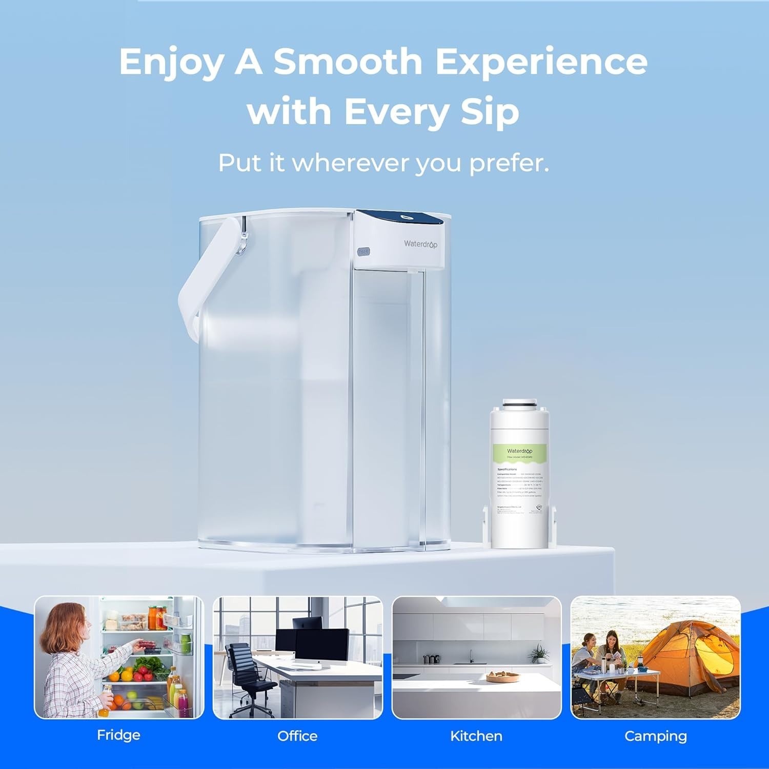 Waterdrop 98% Chloramine Reduction Electric Water Filter Pitcher, with 1 Filter