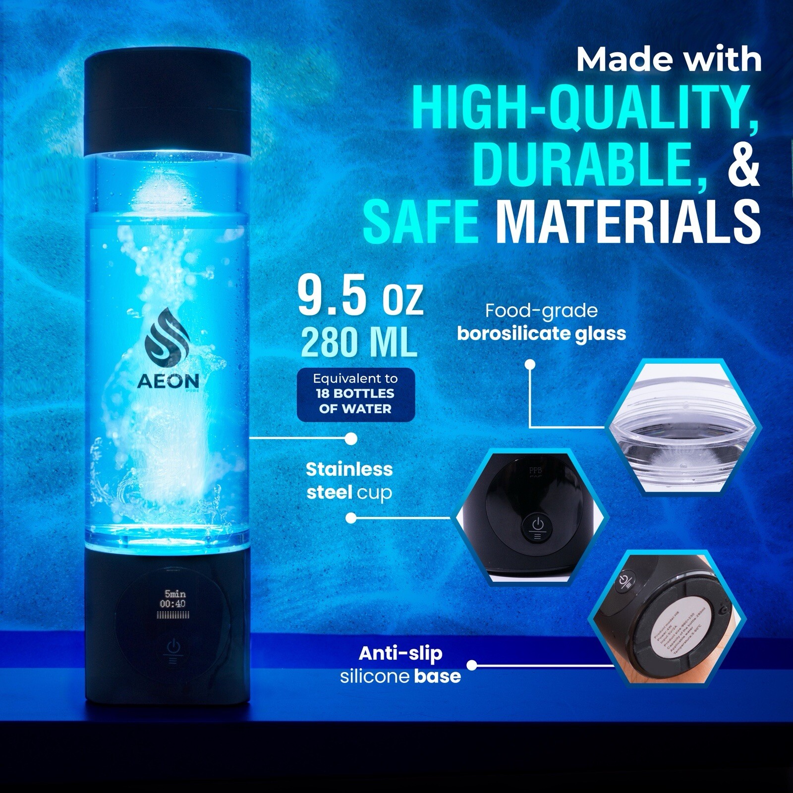 AeonPure Hydrogen Water Bottle Generator -SPE&PEM Rechargeable- 4.5PPM, Black