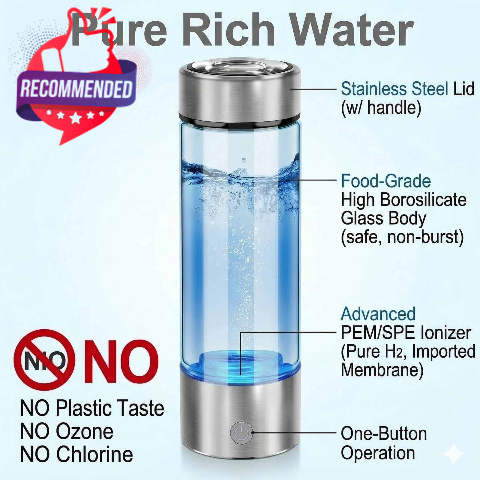 Portable Hydrogen Water Bottle Generator, 450ml Borosilicate Silver Gray