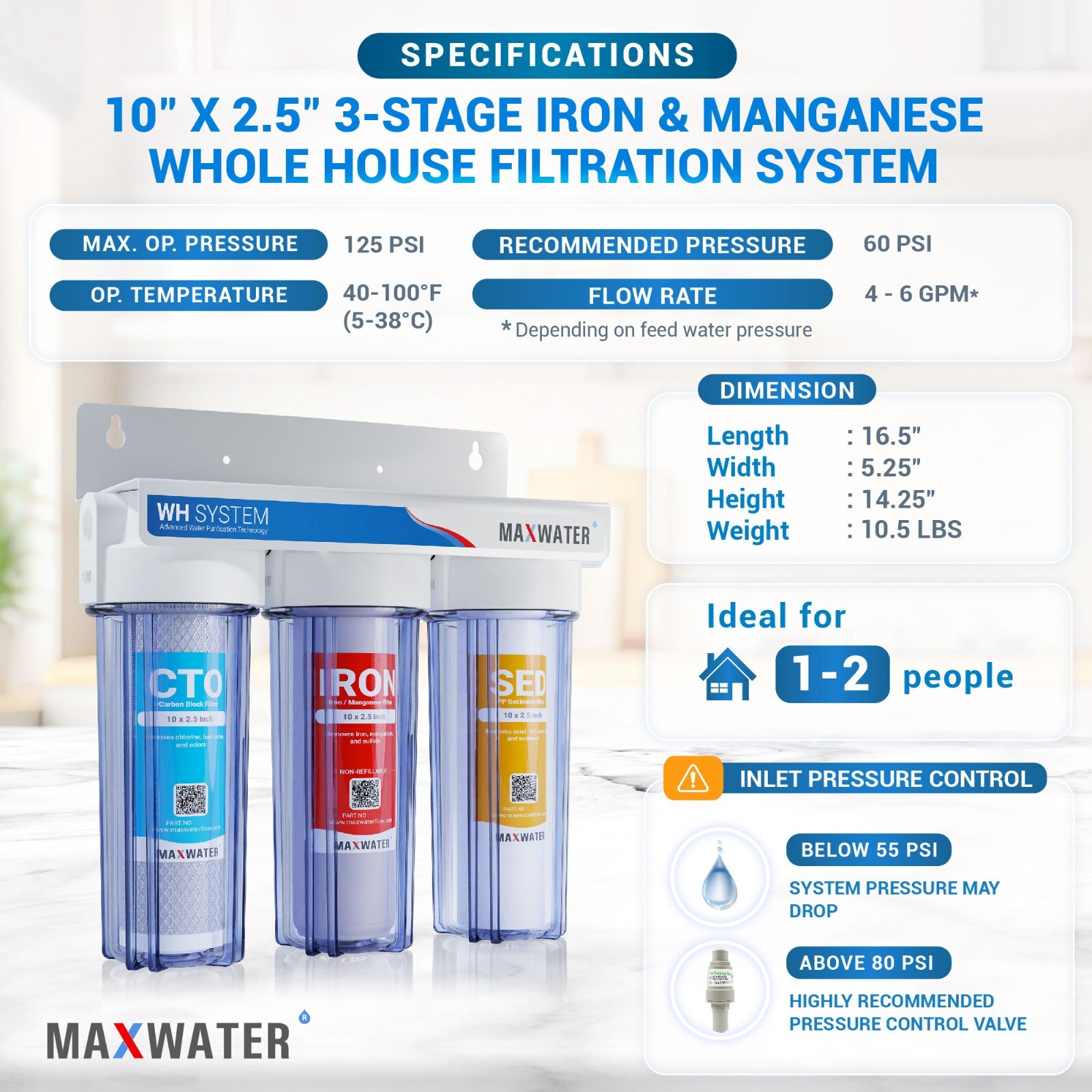 3 Stages 10″x 2.5″ 3/4″ Port Whole House Iron Manganese Max Water System Filter