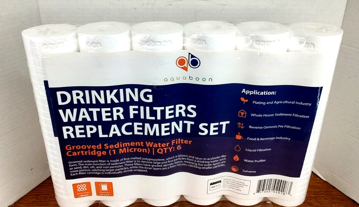 AquaBoon 10″ x2.5″ Grooved Sediment Qty 6 Water Filter 1 Micron Cartridge NIP