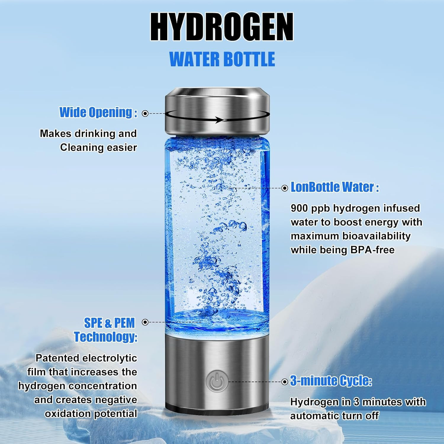 Botella Agua Hidrogenada Generador Recargable Portatil Vidrio Ionizador Agua