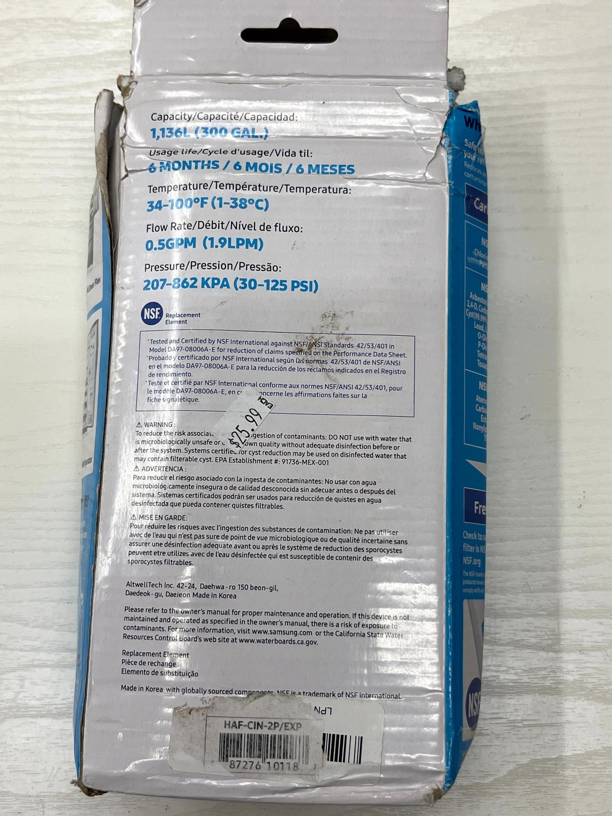 Samsung HAF-CIN/EXP Ice and Water Refrigerator Filter Door & Side-by-Side