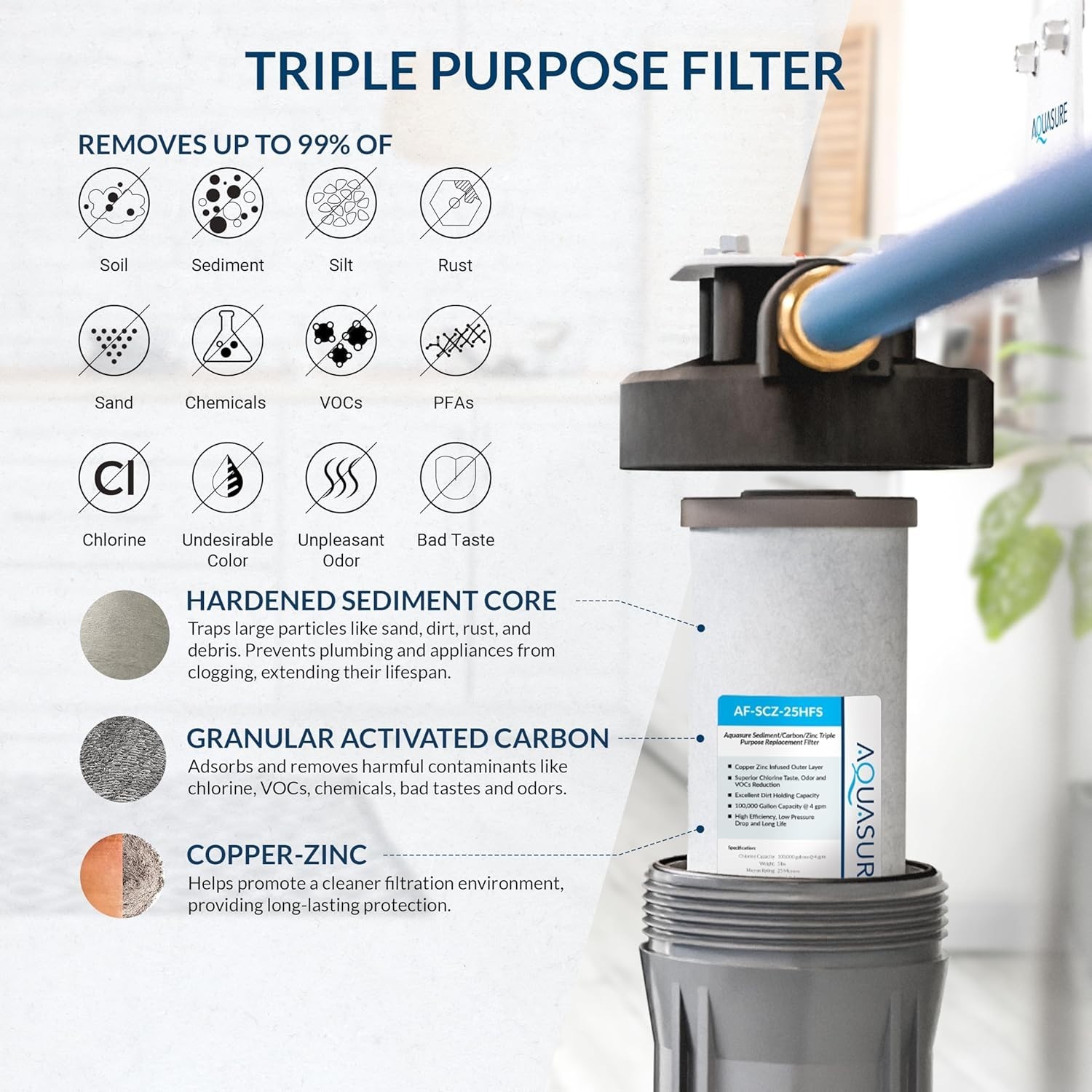 Triple Purpose Sediment Carbon Zinc Filter for Bacteria Inhibition – Standard