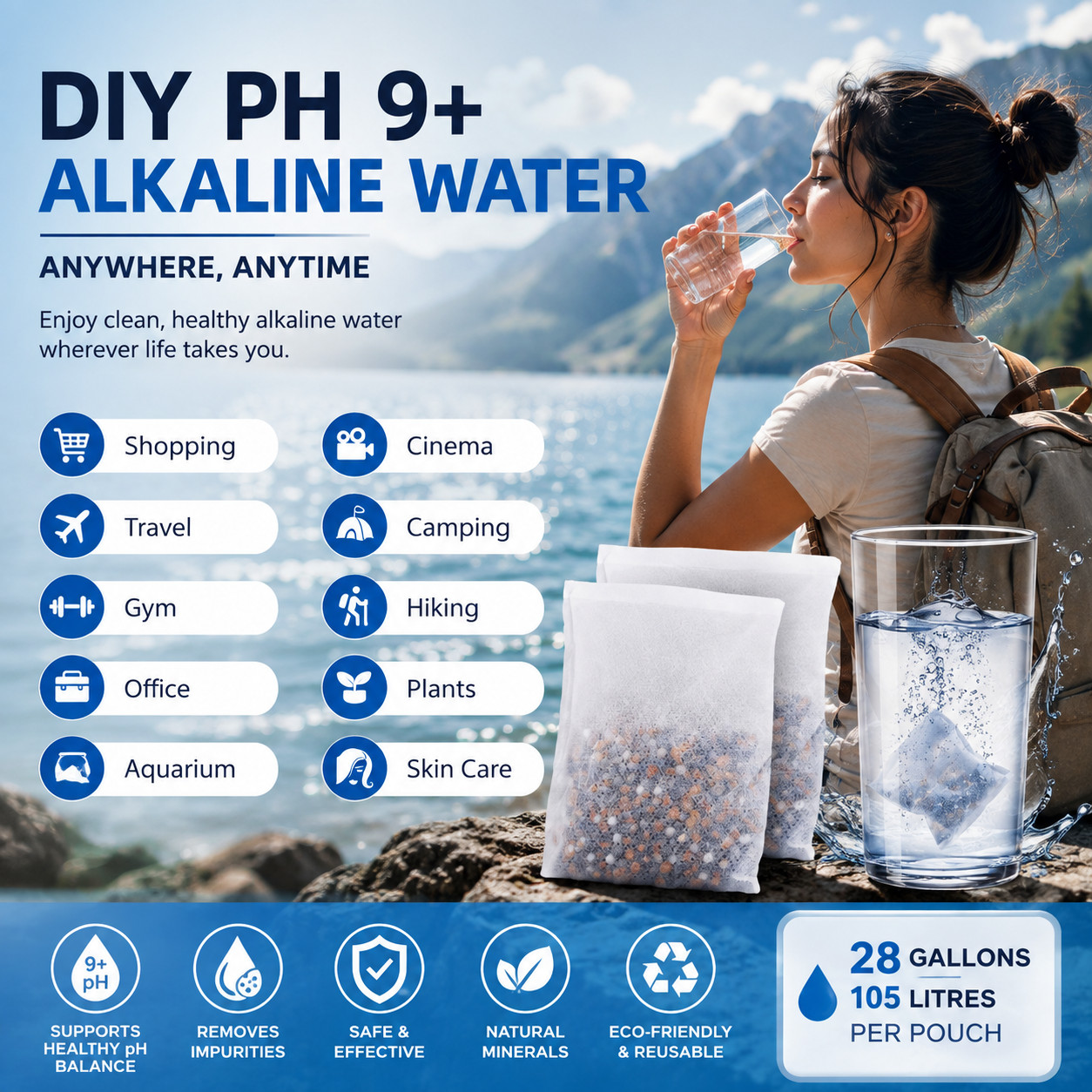 Alkaline Water Filter Pouch 3-Pack 30g – Raise pH 9+ – Portable BPA-Free