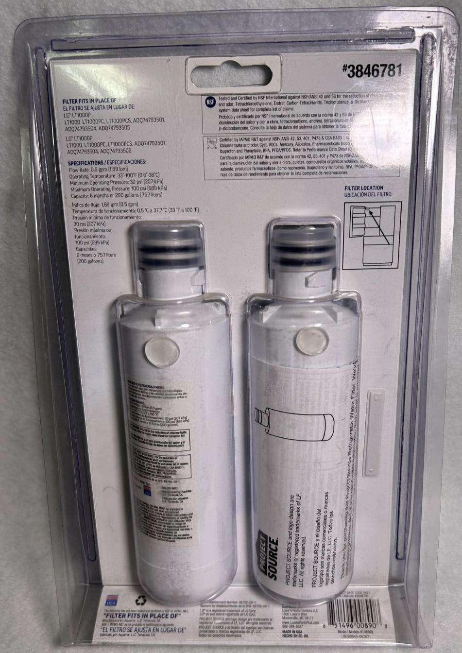 Project Source Refrigerator Water Filter L-5-2 Fits LG LT1000P 2-Pack 3846781