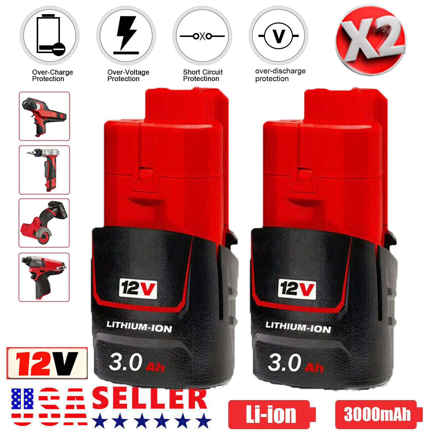 2X 3.0AH For Milwaukee for M12 12V 3000mAh Lithium Battery 48-11-2401 48-11-2420