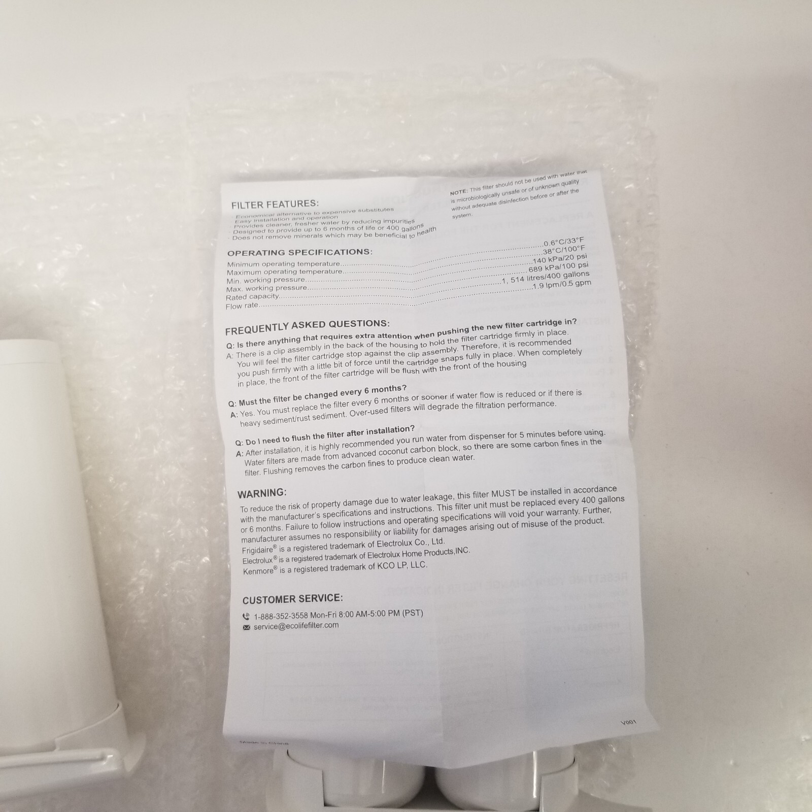 AquaCrest V001 Replacement Water Filter Lot of 2, Fits Frigidaire & Kenmore, New
