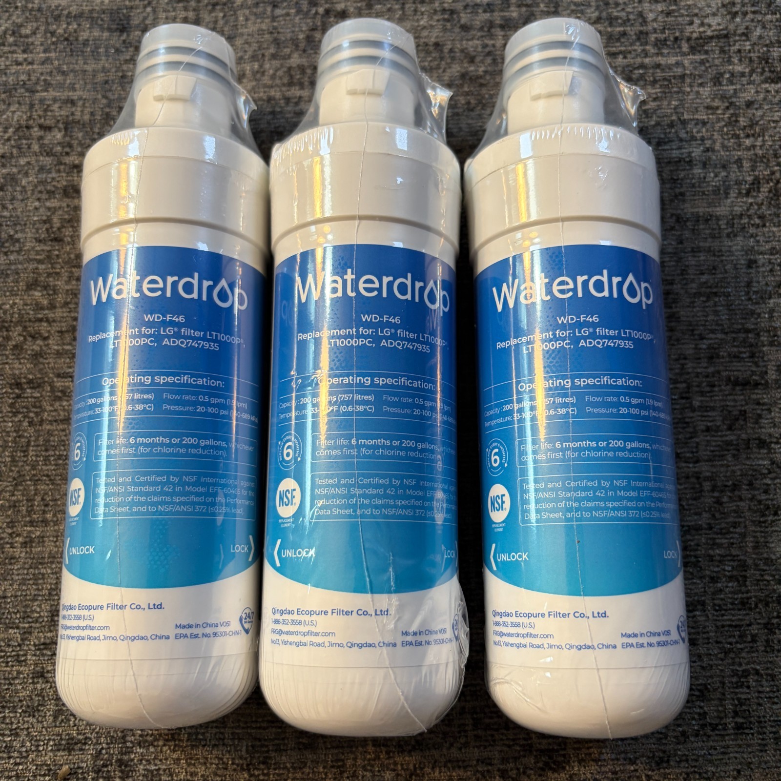 Set of 3 Waterdrop WD-F46 Replacement Refrigerator Water Filters for LG LT1000
