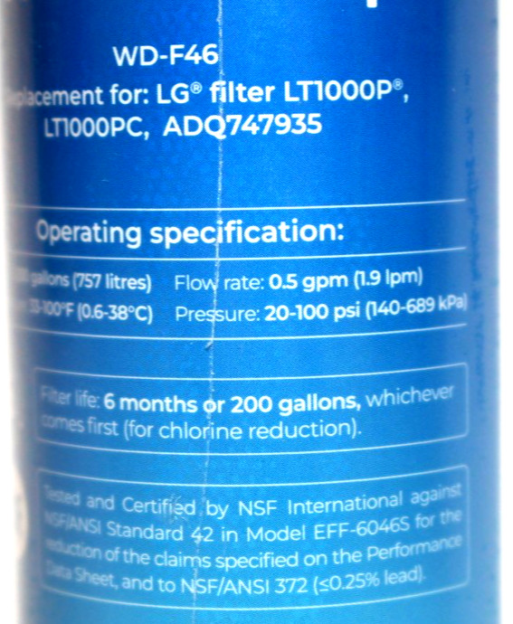 Waterdrop WD-F46 Refrigerator Water Filter for LG LT1000P, LT1000PC, ADQ747935