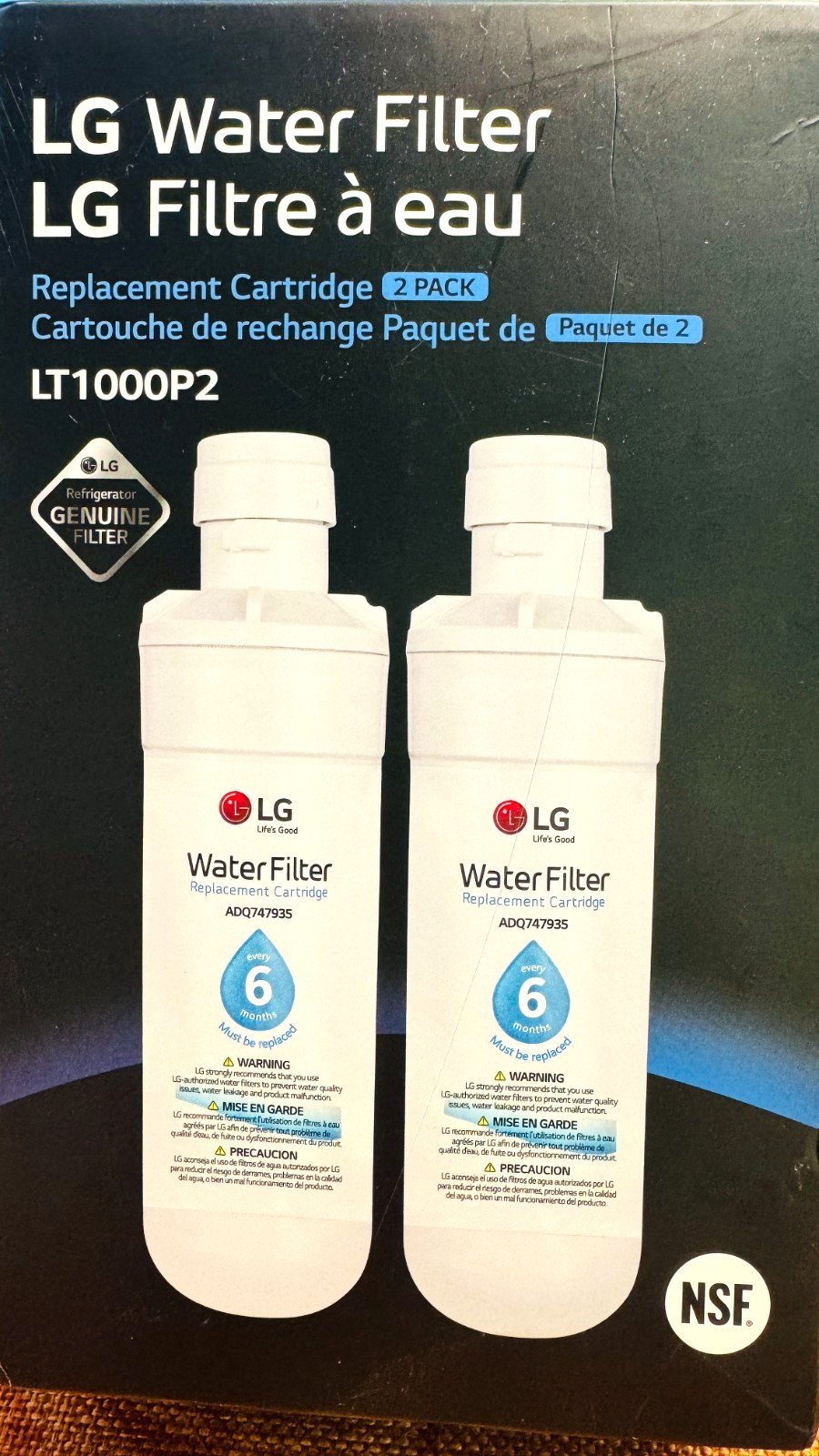 2Pk LG LT1000P2, 6mo Refrigerator Water Filter Replacement Cartridge ADQ74793513