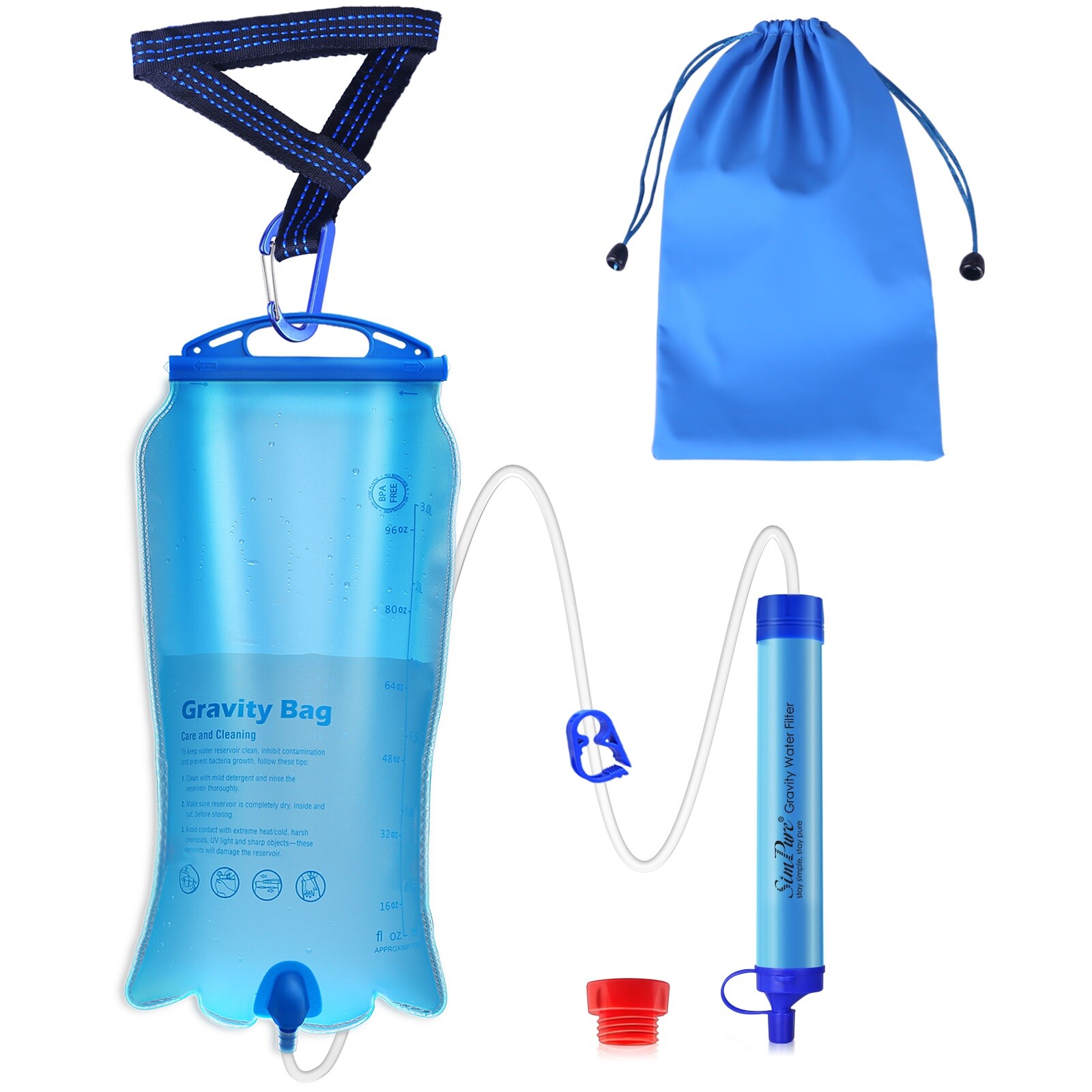 Gravity-Fed Water Filter Straw 3L Bag,Versatile Hiker Water Purifier Tree Strap
