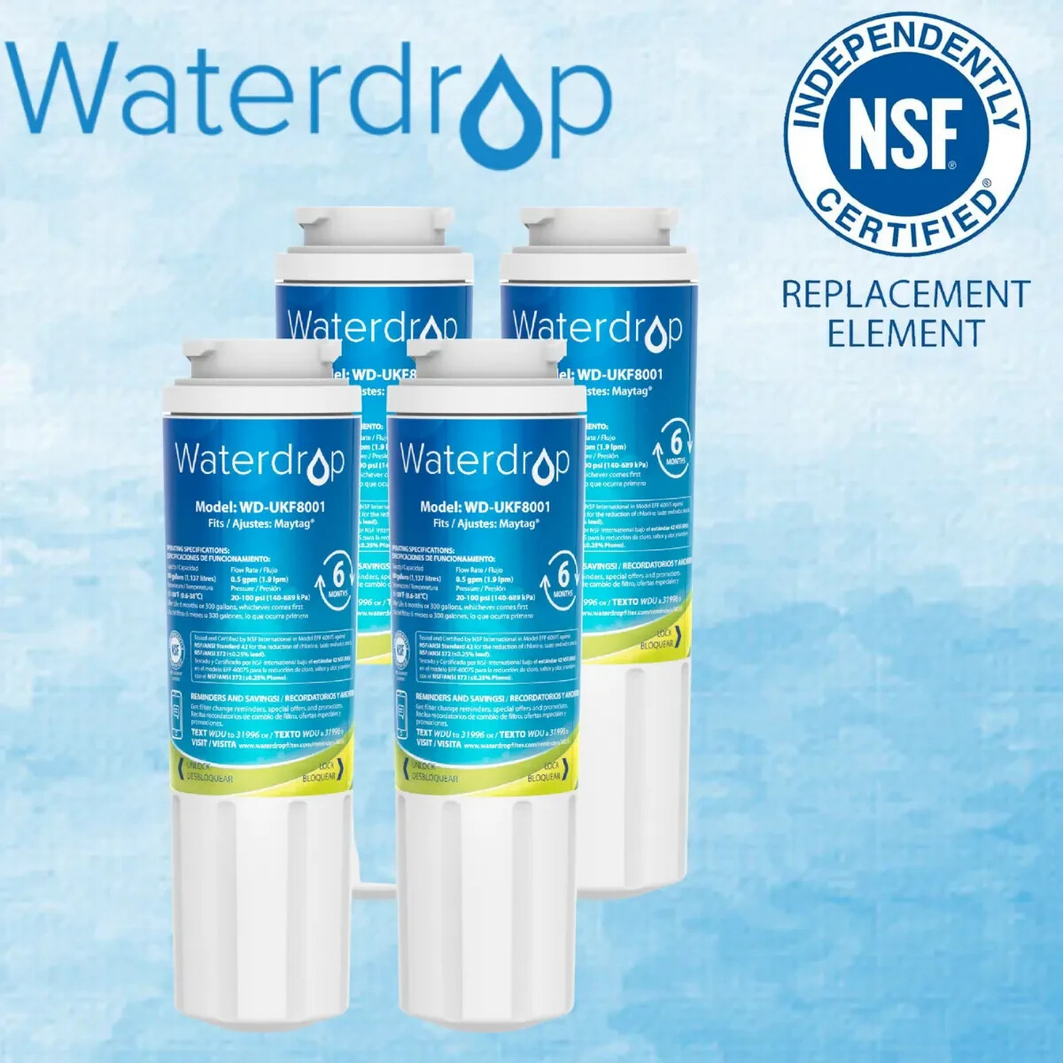 Waterdrop UKF8001 Water Filter, Replacement for Maytag UKF8001AXX-200, 4 Pack