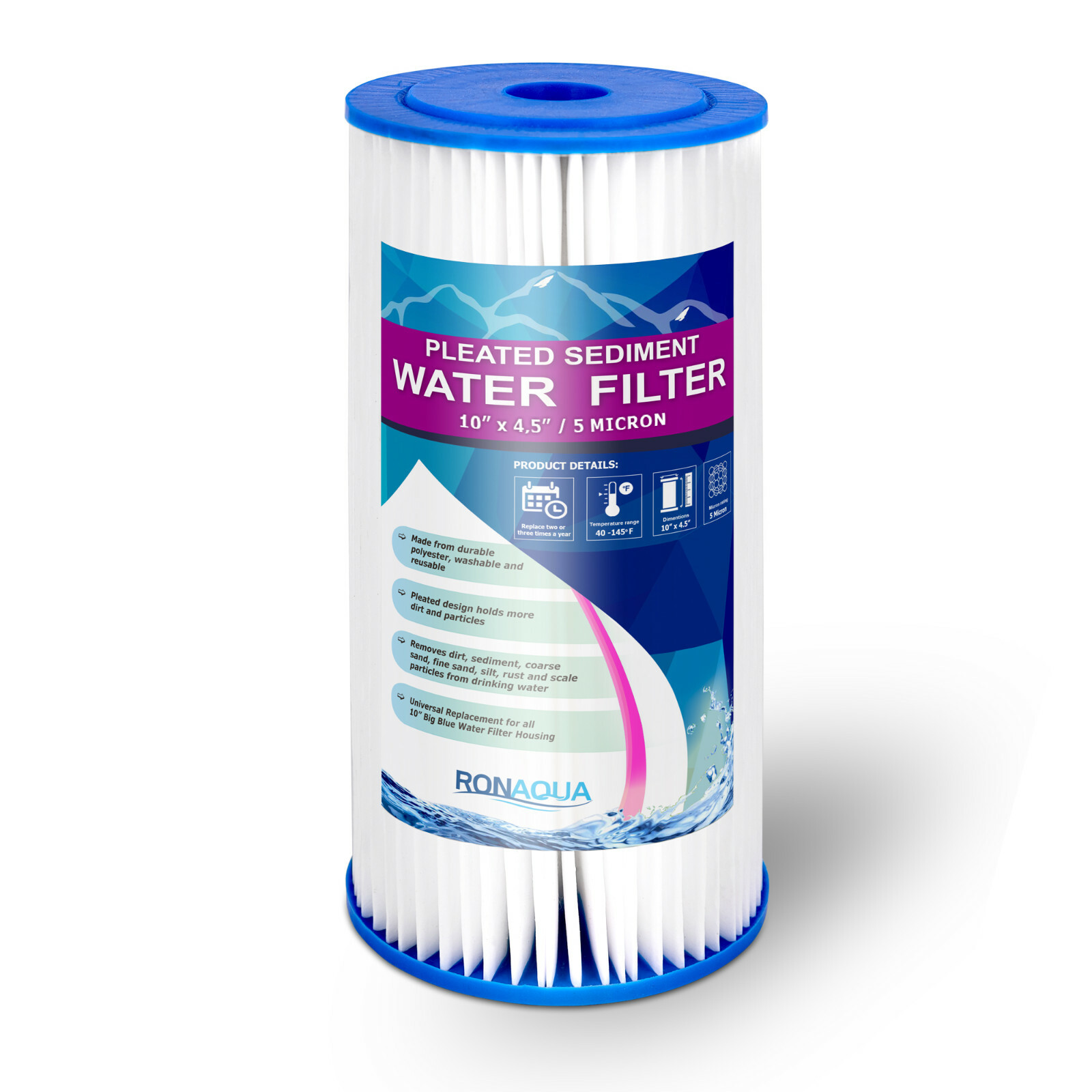 Big Blue Pleated Sediment Water Filters 2 Washable 5 Micron Cartridges 4.5 x 10