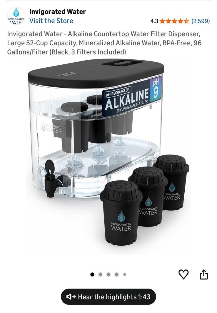 Invigorated Water pH Recharge 3F Black Alkaline Countertop Filter 3.3 gal