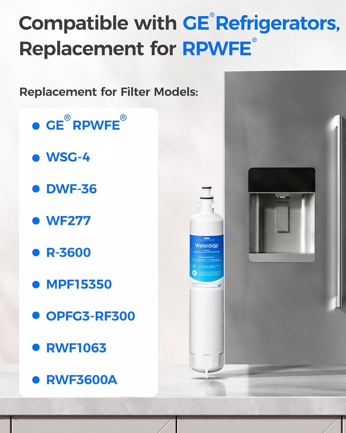 Waterdrop Refrigerator Water Filter, Replacement for GE® RPWFE (With Chip), 3