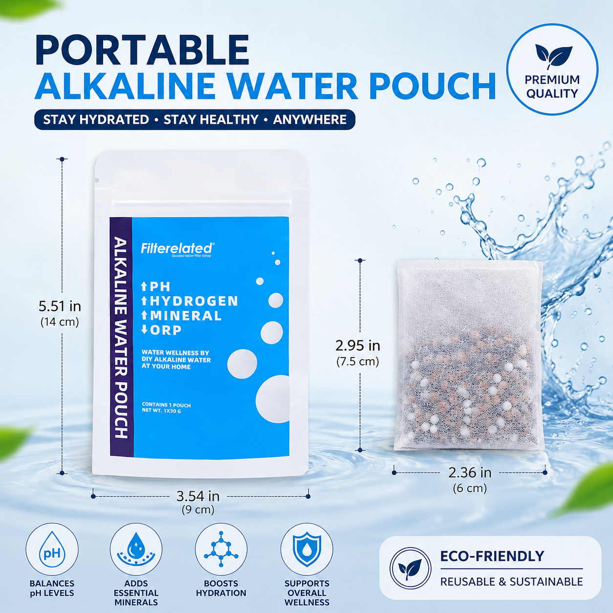Alkaline Water Filter Pouch 3-Pack 30g – Raise pH 9+ – Portable BPA-Free