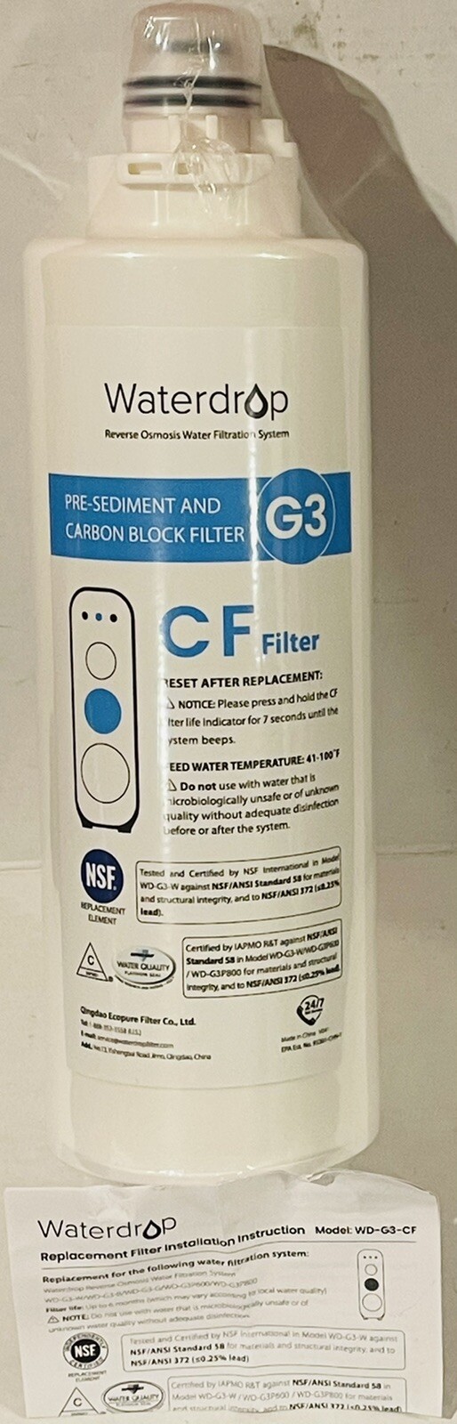 WATERDROP B-WD-G3-N1CF PRE-SEDIMENT & CARBON BLOCK WATER FILTER OPEN BOX