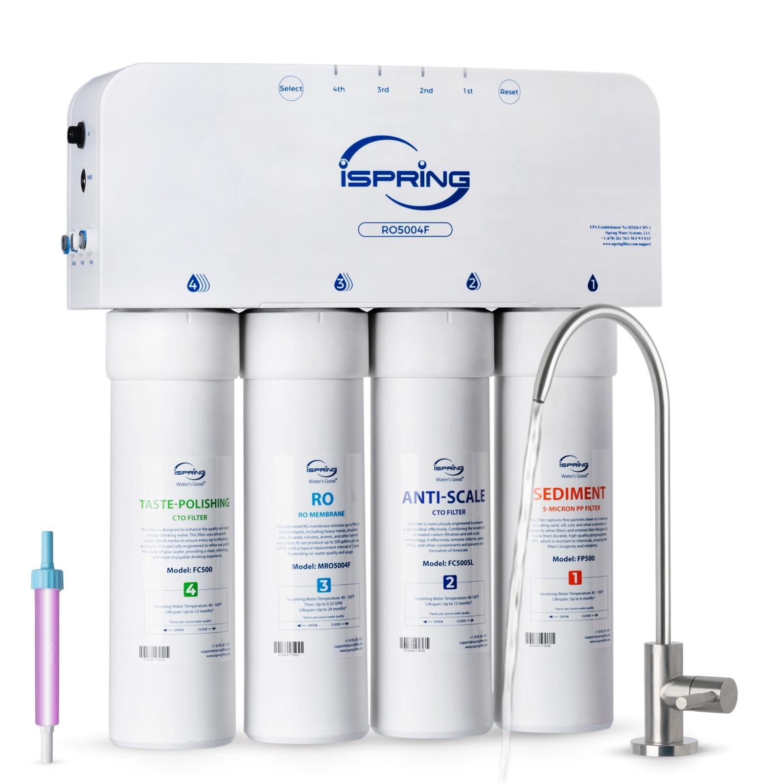 iSpring RO5004F Reverse Osmosis Water Filter with UV, Under Sink, 500 GPD RO