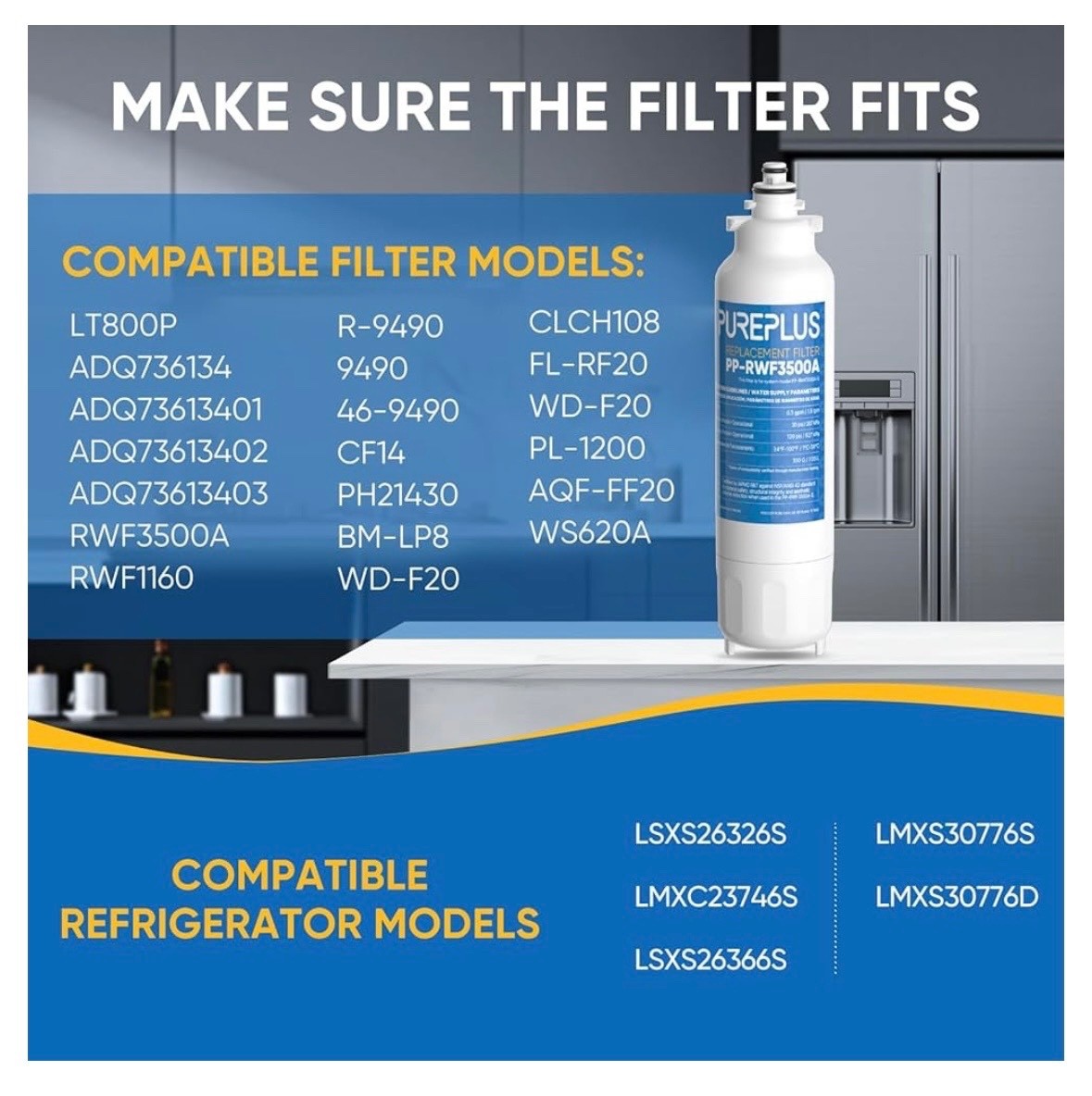 3 PACK PUREPLUS for ADQ73613401 LG LT800P LT800PC Water Filter PP-RWF3500A