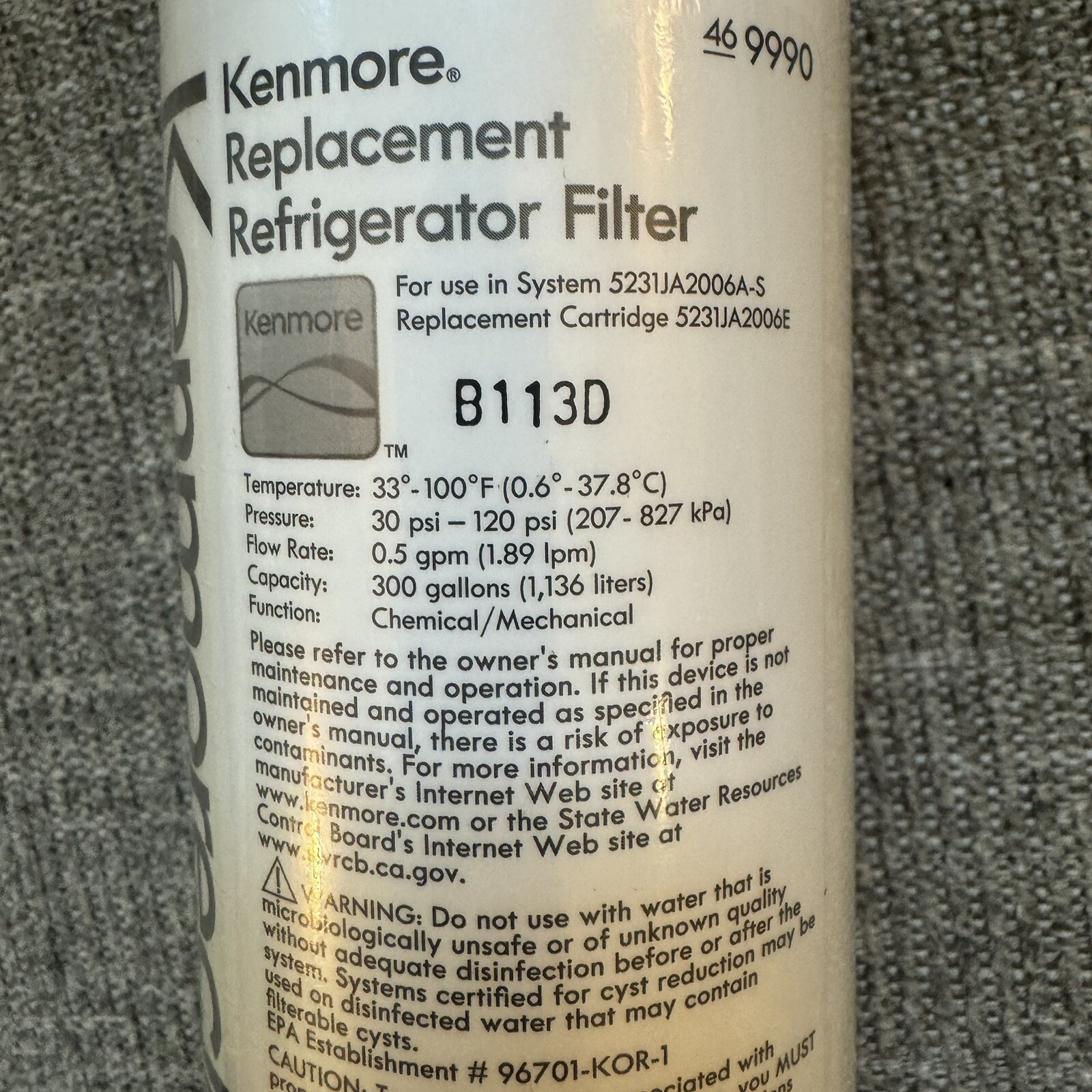 Kenmore Clear Refrigerator Water Filter 469990 46-9990 *NEW SEALED* No Box