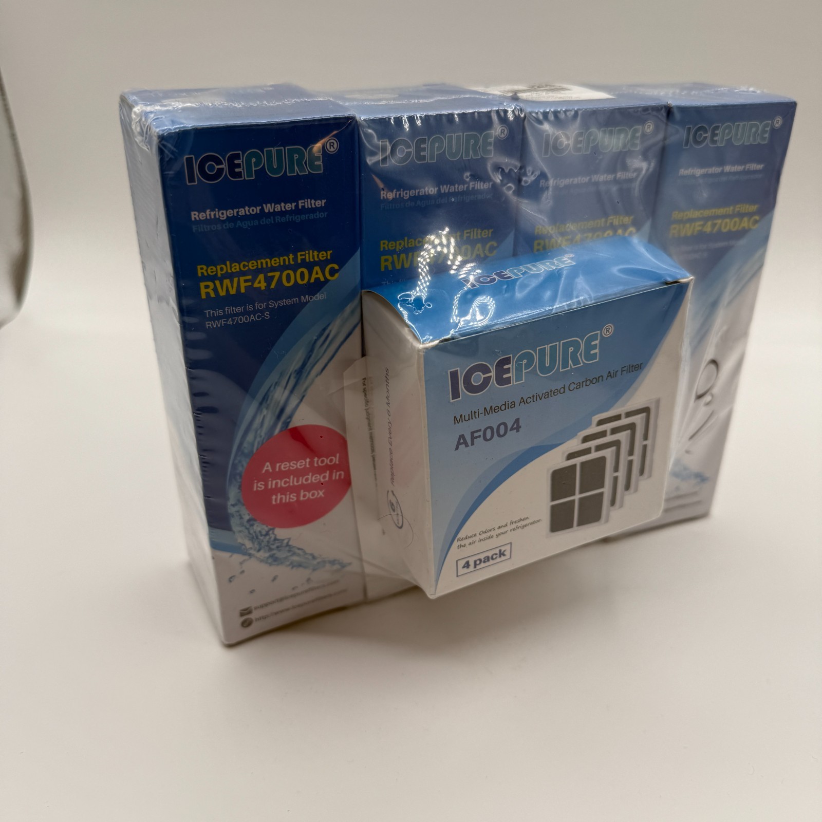 Icepure RWF4700AC Water Filter 4 Pack AND AF004 Carbon Air Filter 4 Pack SEALED