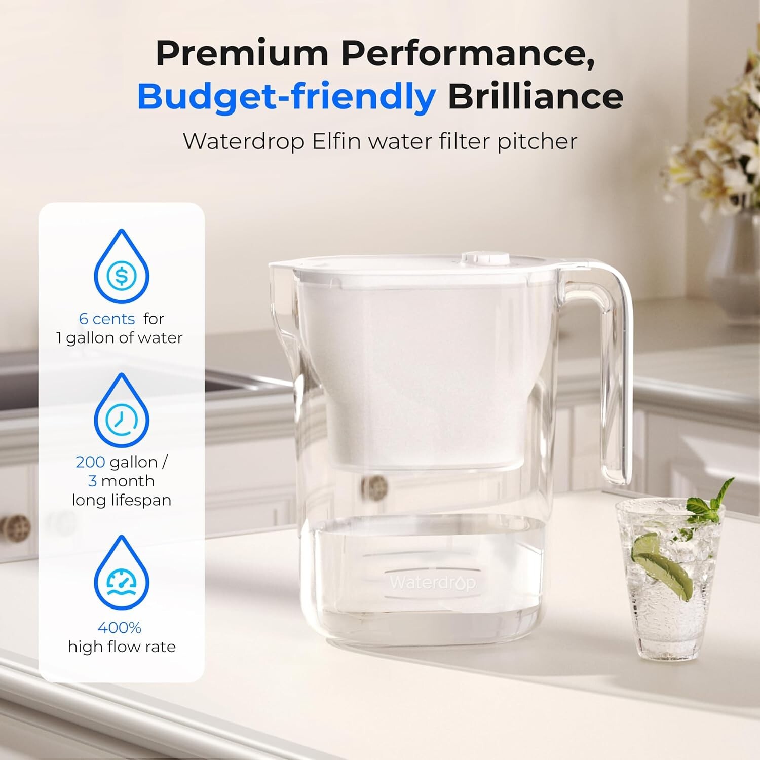 Waterdrop 200-Gallon Long-Life Water Filter Pitcher, NSF Certified,7-Cup, White