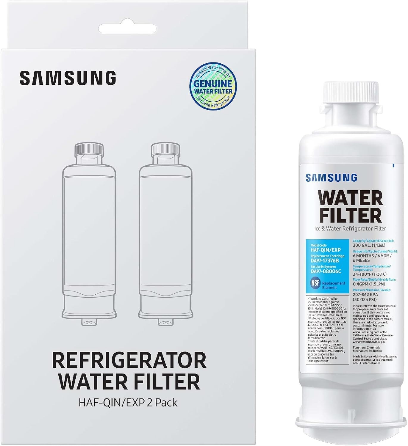 Samsung HAF-QIN-2P/EXP Genuine Refrigerator Water Filter 2 Pack OEM Easy Install