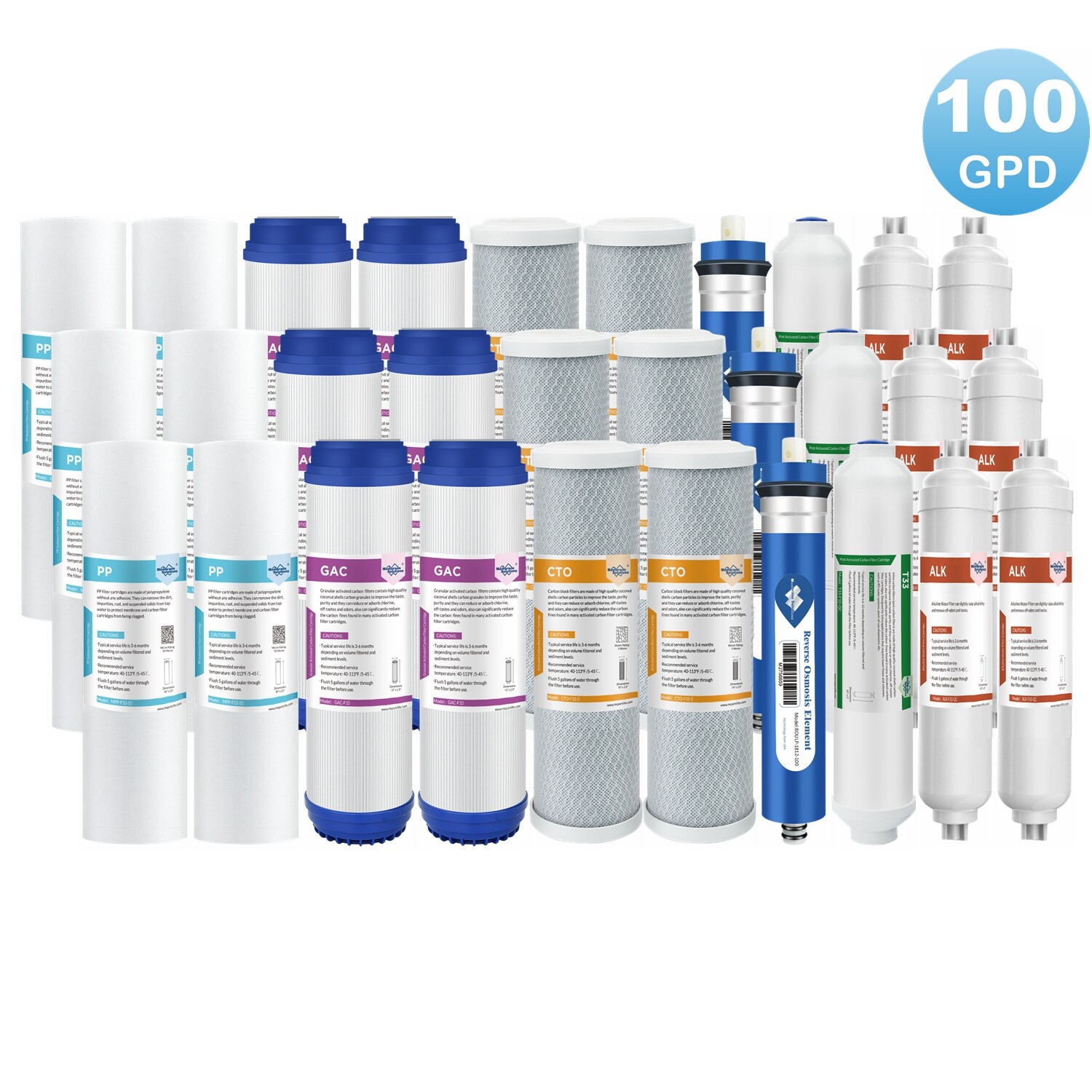 6-Stage 100GPD RO pH Alkaline Reverse Osmosis System Water Filter 1/2/3-Year Set