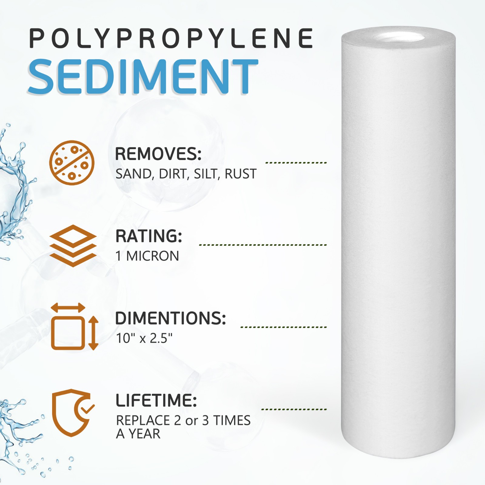 25pc Sediment 1 Micron Water Filters Cartridge 2.5″ x 10″ for Reverse Osmosis