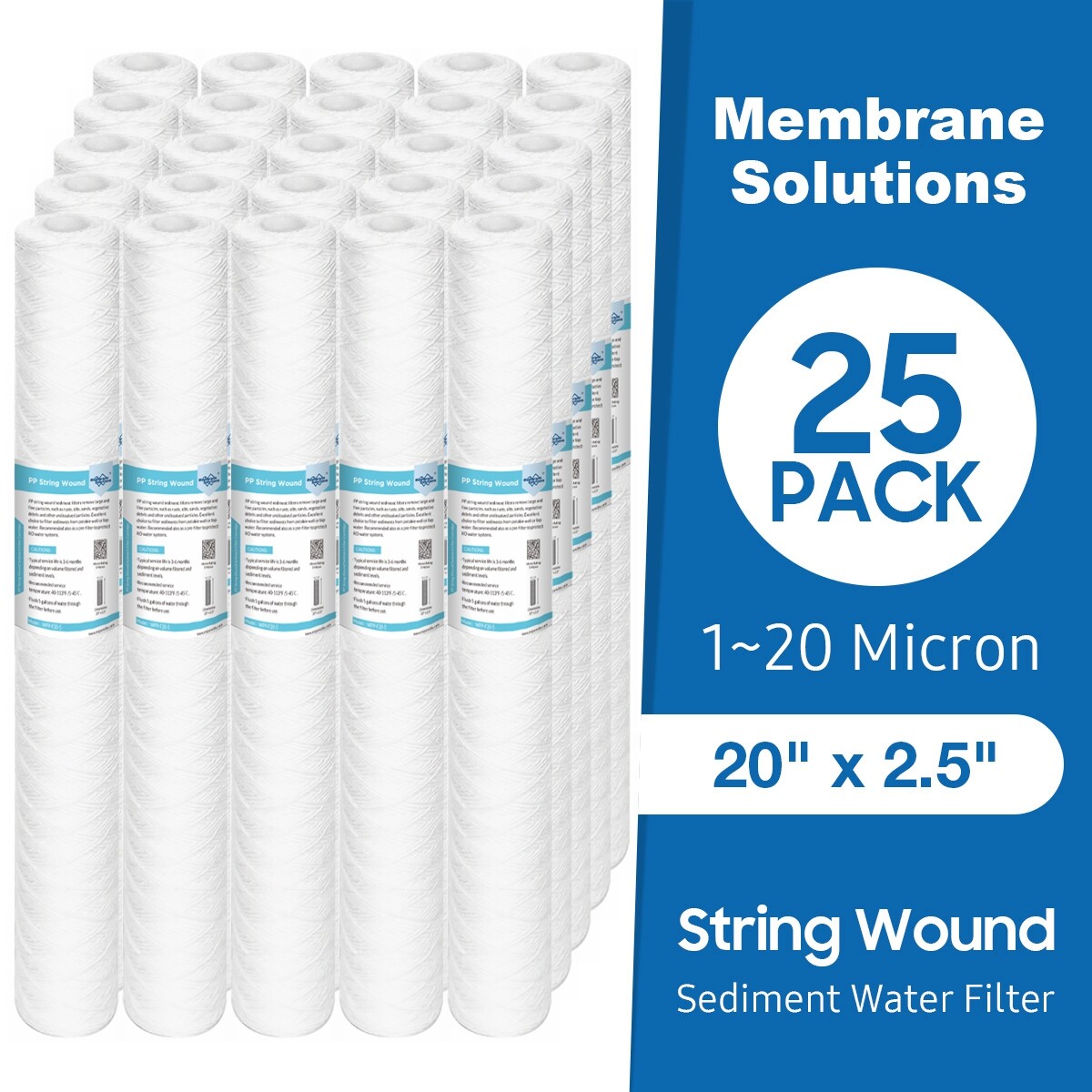 1/5/10/20 Micron 20″ x 2.5″ Whole House Well String Wound Sediment Water Filter