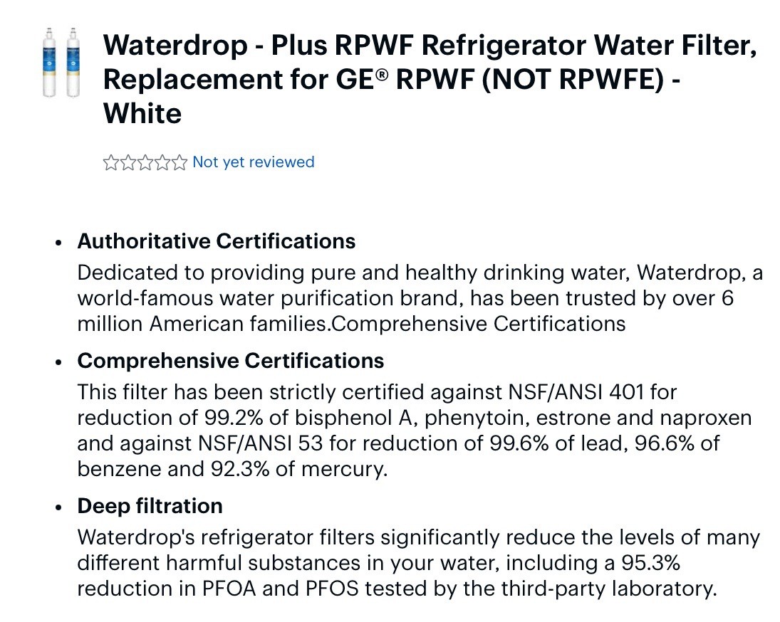 2 Pk Waterdrop WD-RPWF Refrigerator Replacement Compatible Water Filter