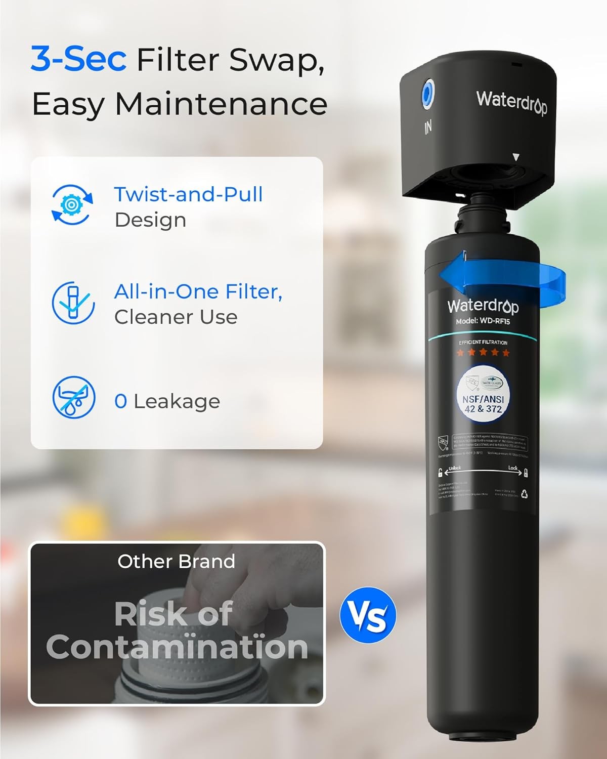 Waterdrop 15UB Under Sink Water Filter System, with Dedicated Faucet, 16K Gal