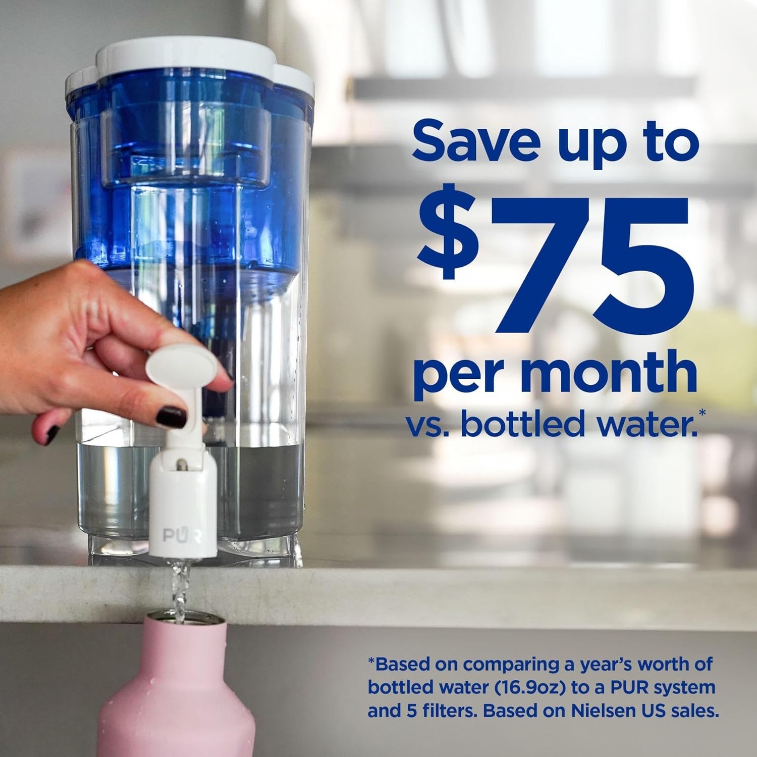 30-Cup Water Filter Dispenser 2-in-1 Filtration Dishwasher Safe White Blue