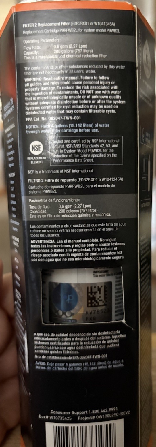Ice and Water Refrigerator Filter 2 EDR2RXD1 Single NEW