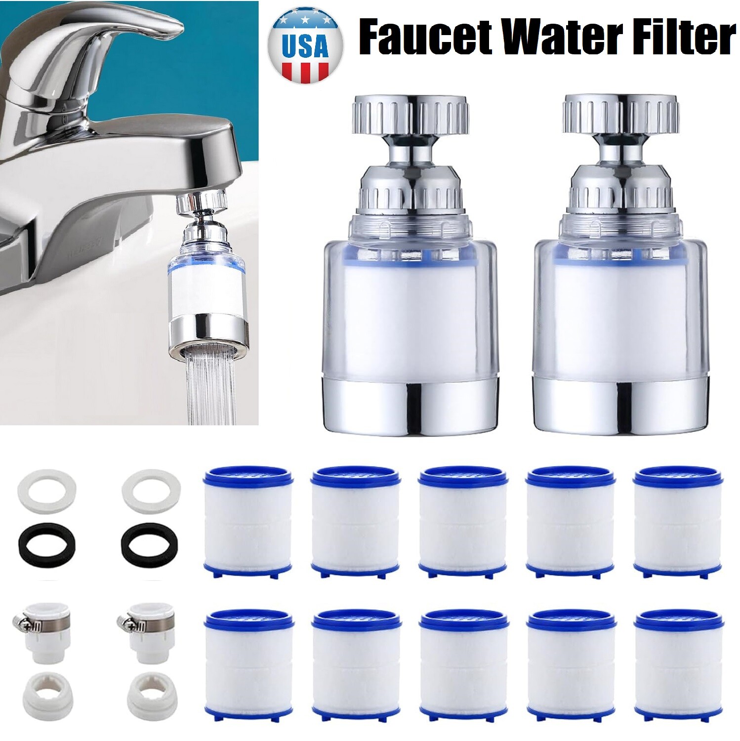 2×Faucet Water Filter System Kitchen Sink Mount Filtration Tap Purifier Clean US