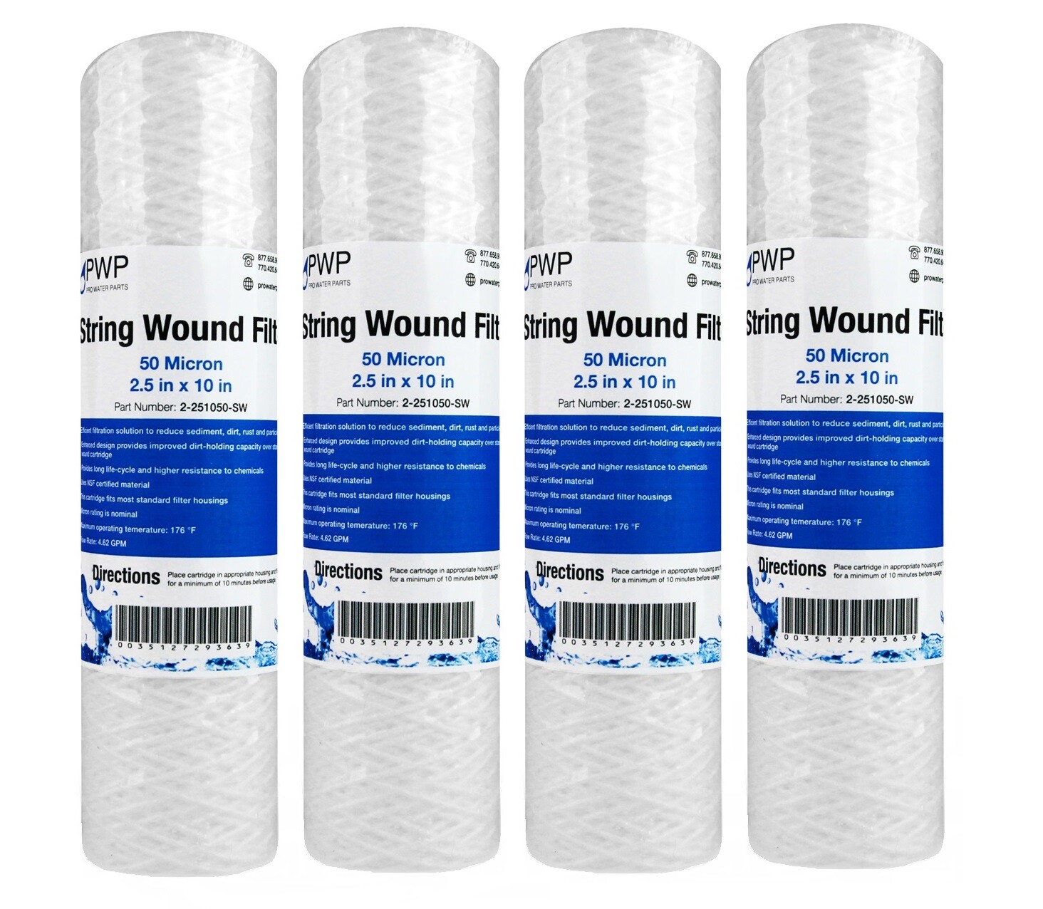 String Wound Sediment Water Filter Cartridge Standard 2.5×10″ 50 Micron 4 Pack