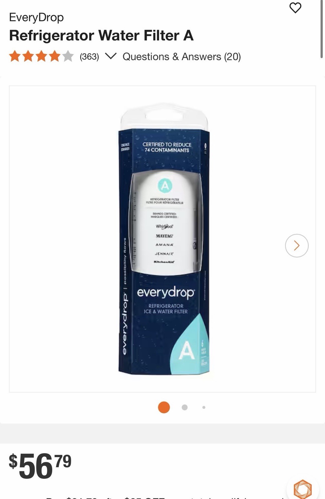 Everydrop A Water Filter Replacement Whirlpool Maytag Kitchen Aid Amana EDRARXD1